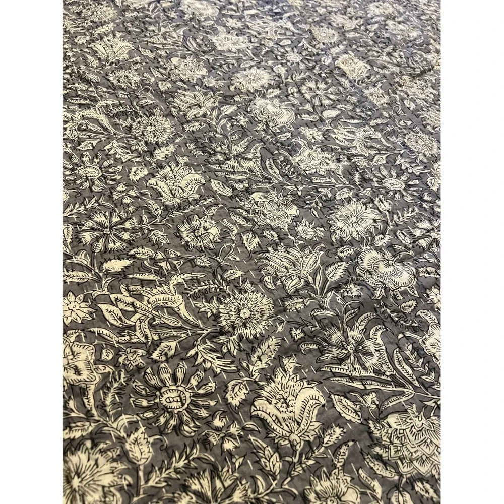 Floral Hand Block Print Handmade Kantha Quilt Indian BlueWhite New 60 x 90